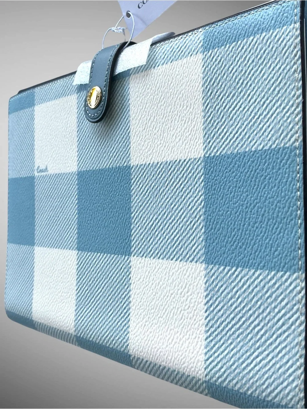 Coach Gingham Print Notebook Journal Blue White Plaid Snap Closure NWT